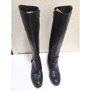 Michael Kors Womens Black Leather Knee-High Riding Boots With Gold MK Logo